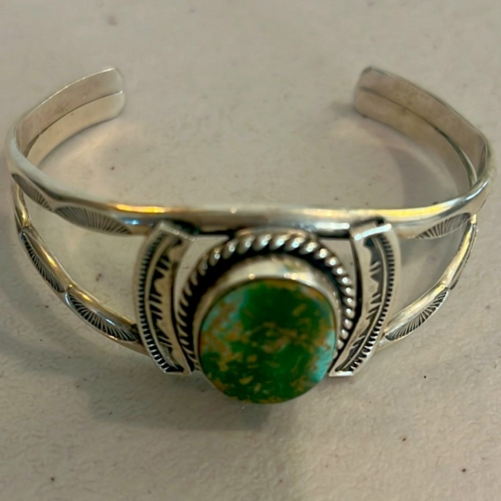 Sterling silver olive green turquoise cuff bracelet